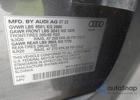 2022 Audi Q7 Premium Plus 55 Tfsi Quattro Tiptronic from USA, damaged, VIN WA1LXBF77ND022287